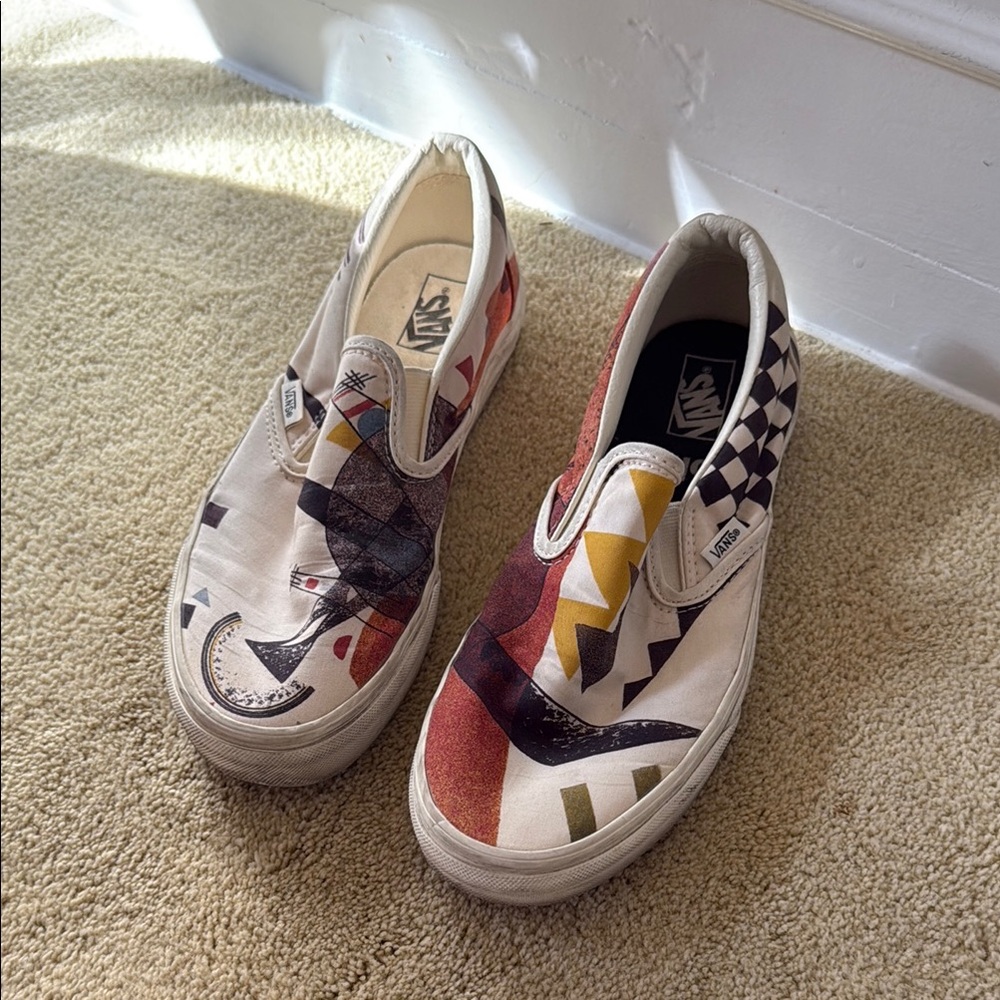 Vans Cream and Red Slip-On Sneakers with Geometric Pattern